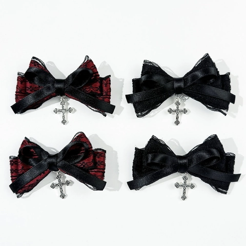 Clip per Capelli Gotico in Pizzo e Nastro a Fiocco Con Ciondolo a Croce in Metallo Lolita Dark Style Duckbill Clip Donna Accessori