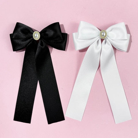 Elegant Solid Color Ribbon Bow Hair Clip With Long Streamer Artificial Pearl Rhinestone French Style Sweet Hair Accessories