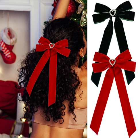 Pinza para el Cabello con Lazo de Terciopelo Vintage Con Strass de Corazón y Cintas Largas Accesorios para el Cabello de Navidad
