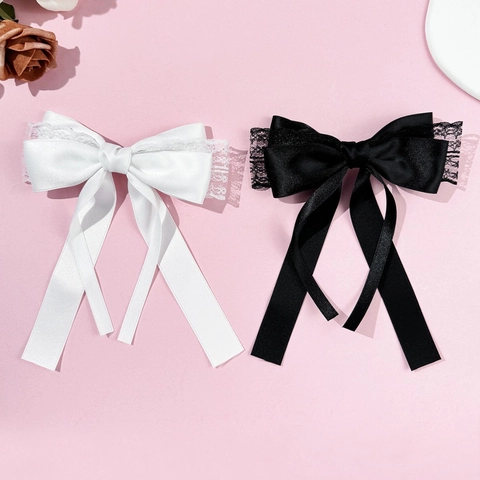Pinza para el Cabello Con Lazo de Cinta de Rasó de Estilo Coreano Con Ribete de Encaje y Cinta Larga Elegante para Mujer