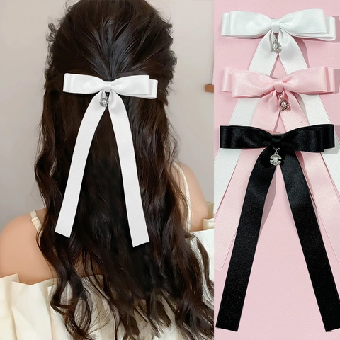 Élégante Pince à Cheveux Nœud en Satin Avec Perle Artificielle Long Ruban Gland Style Coréen Doux Épingles à Cheveux Femme Mariage