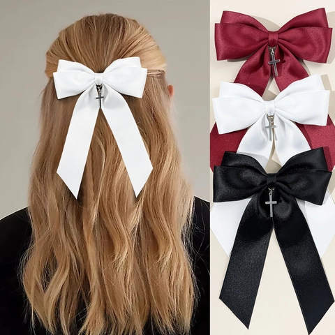 Gothic Satin Schleife Haarklammer Mit Silber Legierung Kreuz Anhänger Für Damen Bänder Haarnadel Kopfschmuck Accessoires