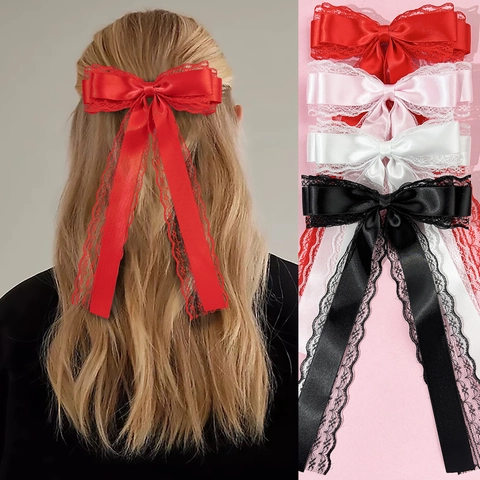 Süße Spitze Satin Schleife Haarklammer Mit Langen Bändern Handgefertigte Lolita Blumig Haarschmuck Entenschnabelklemme Damen