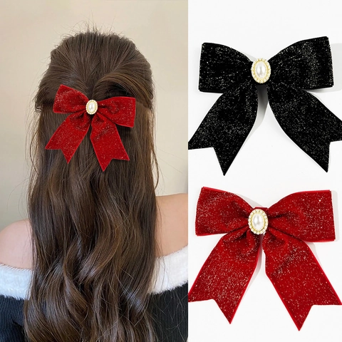 Elegante Fermaglio per Capelli a Fiocco in Velluto per Donna Glitter Rosso Nero Forcina Perla Artificiale Strass Arredamento Natale