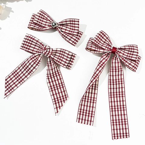 Pince à Cheveux Nœud Pied-de-poule Bordeaux Vintage Style Preppy Britannique Épingle à Cheveux en Ruban pour Femmes Accessoires