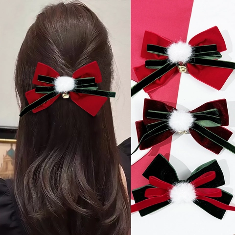 Pinza Para El Pelo Con Lazo De Terciopelo Navideño Con Pompón Y Campana Vintage Rojo Verde Lazo Pinza De Pato Accesorios Para El Cabello