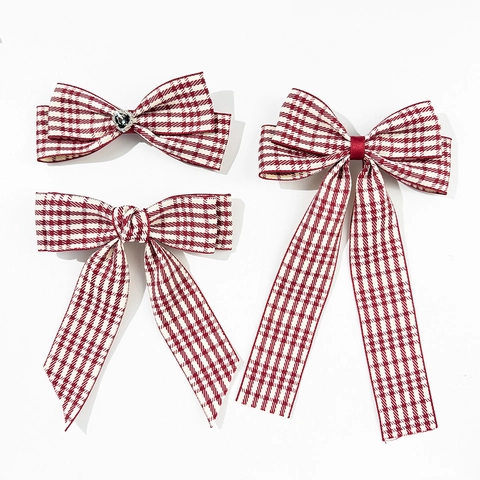 Pince à Cheveux Nœud Pied-de-poule Bordeaux Vintage Style Preppy Britannique Épingle à Cheveux en Ruban pour Femmes Accessoires