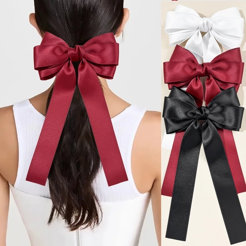Eleganter Satin Große Schleife Haarclip Mit Langem Band Für Damen Süße Französische Schleife Federclip Mode Haarschmuck