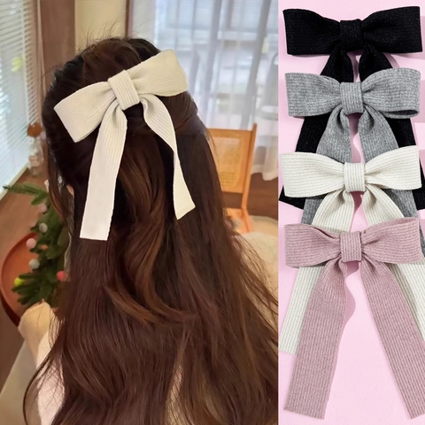 Vintage Ribbed Knit Bow Hair Clip With Long Ribbons Solid Color Large Duckbill Clip Sweet Elegant Headwear For Women Daily Styling Accessory