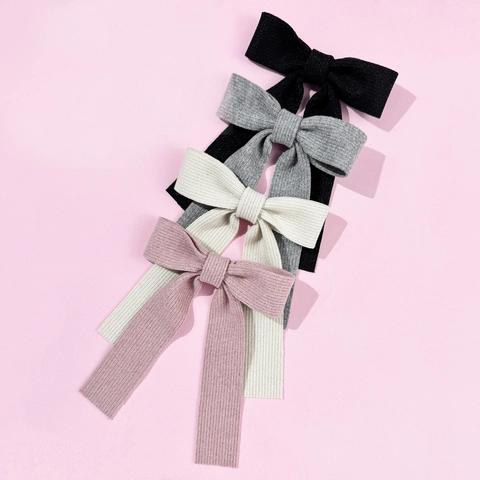 Vintage Ribbed Knit Bow Hair Clip With Long Ribbons Solid Color Large Duckbill Clip Sweet Elegant Headwear For Women Daily Styling Accessory