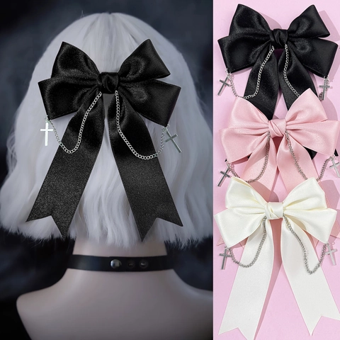 Fermaglio per Capelli con Fiocco in Raso Gotico Con Ciondolo a Croce Catena in Metallo Accessorio per Capelli per Donna