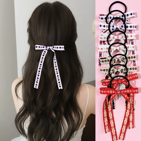 Sweet Floral Heart Bowknot Hair Tie Long Ribbon Hair Scrunchie Ballet Style Hair Accessories For Women Teenagers Daily Wear