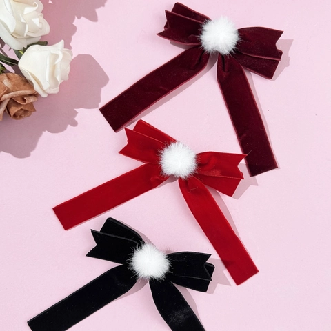 Pinza de Pelo Vintage con Lazo de Terciopelo para Mujer con Pompon Blanco Horquilla de Cinta Larga Retro Dulce Accesorios de Invierno