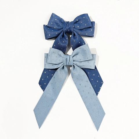 Shiny Silver Polka Dot Denim Fabric Large Bow Hair Clip With Long Ribbon Duckbill Clip For Women Fashion Accessories