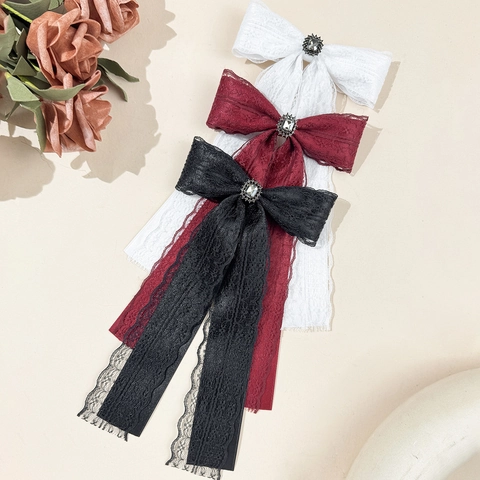 Dark Sweet Cool Spitze Schleife Haarklammer Mit Strass Langen Streamer Französisch Vintage Goth Lolita Haarschmuck Für Damen