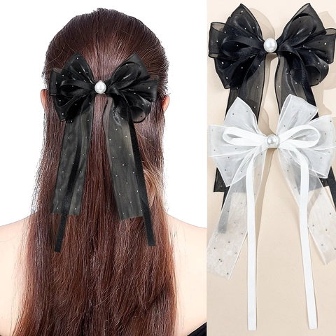 Pinza de Pelo Coreana con Lazo de Malla con Perla Artificial de Imitación y Cinta de Strass Borla Larga Pico de Pato para Mujer