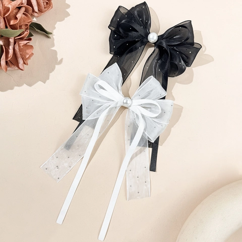 Pinza de Pelo Coreana con Lazo de Malla con Perla Artificial de Imitación y Cinta de Strass Borla Larga Pico de Pato para Mujer