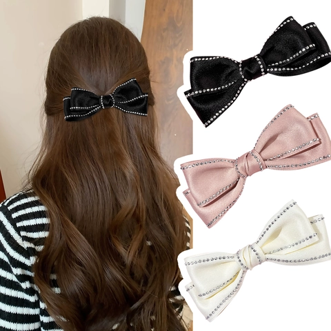 Elegant Rhinestone Satin Bow Hair Clip Korean Style Large Double Layer Duckbill Clip Hair Accessory For Women Party Wedding