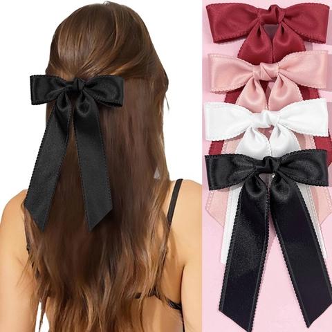Elegant Satin Ribbon Bow Hair Clip Long Streamer Scalloped Edge French Style Solid Color Duckbill Clip Sweet Korean Headwear