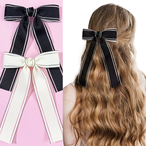 Pinza para el Cabello con Lazo Elegante Con Cintas Largas Cinta de Cuadros Borde de Encaje Festoneado Pinza de Pato para Mujer