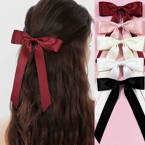 Elegante Pinza para el Cabello de Lazo de Satén Con Cintas Largas Color Sólido Clip de Pico de Pato de Aleación para Mujer