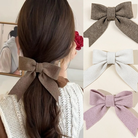 Korean Style Knitted Bowknot Hair Clip Gentle Ribbon Duckbill Clip Rhinestone Embellished Fashion Hair Accessories For Women