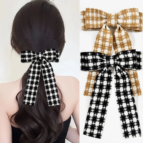 Elegante Haarclip met Hahnentritt-Strik Stof Lang Lint Streamer Vintage Haaraccessoires voor Dames Eendenbekclip