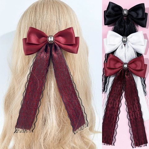 Französisch Elegante Satin Schleife Haarklammer Mit Spitzen Streamer Strass Mitte Große Federklammer Kopfschmuck Für Damen Mode Accessoire