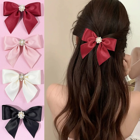Elegante Fermaglio per Capelli a Fiocco in Satin Con Strass e Perle Artificiali per Donna Moda Coreana Accessorio Fatto a Mano