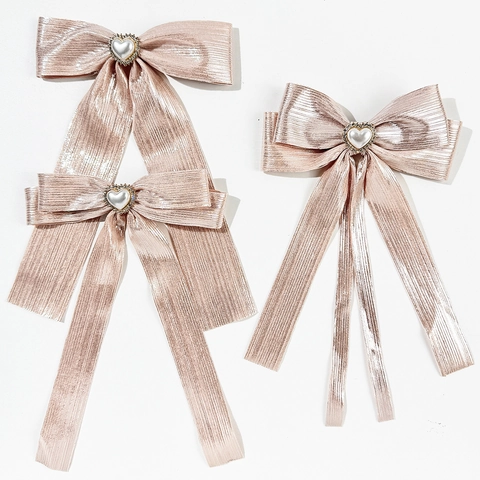 Pinza para el Cabello con Lazo de Corazón de Moda Coreana para Mujer Cinta Rosa Oro Rosa Clip de Pico de Pato con Perla Artificial Strass