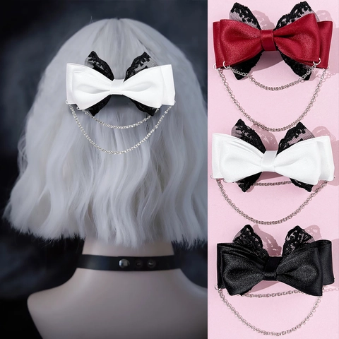 Gothic Lolita Spitze Schleife Haarklammer mit Metallkette Gurtband Schleife Entenschnabel Clip Mode Haarschmuck für Damen Mädchen