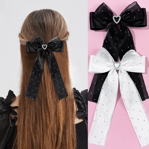 Pinza para el Cabello de Lazo de Malla Estilo Ballet Dulce Con Corazón Strass Cinta Larga Horquillas para Mujer Accesorios de Moda