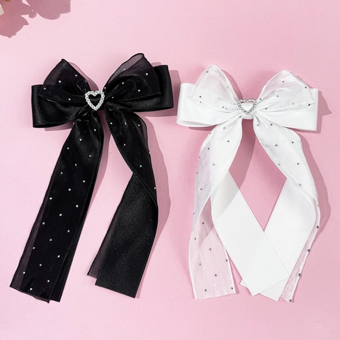 Pinza para el Cabello de Lazo de Malla Estilo Ballet Dulce Con Corazón Strass Cinta Larga Horquillas para Mujer Accesorios de Moda