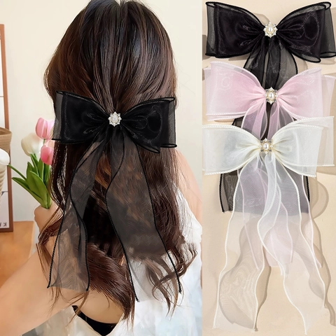 Large Mesh Bow Knot Hair Clip With Artificial Pearl And Rhinestone Fairy Style Ribbon Hairpin For Women Hair Accessories
