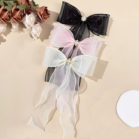 Large Mesh Bow Knot Hair Clip With Artificial Pearl And Rhinestone Fairy Style Ribbon Hairpin For Women Hair Accessories