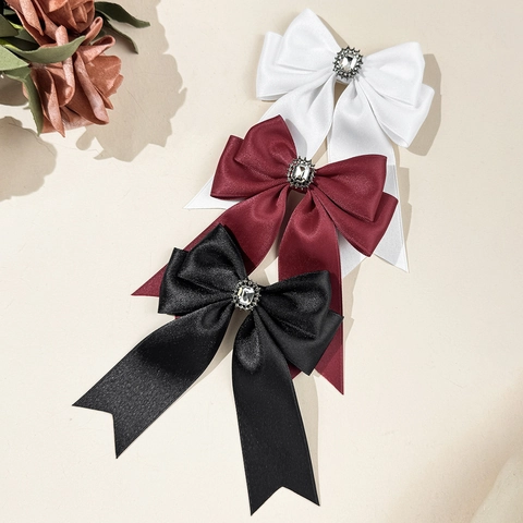 Vintage Satin Schleife Haarspange Mit Strass Lange Bänder Dunkel Süß Cool Stil Entenschnabelklemme Eleganter Kopfschmuck Damen