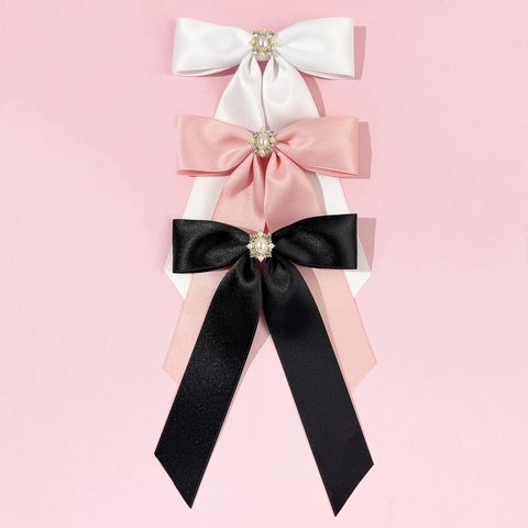 Elegant Satin Ribbon Bow Hair Clip With Artificial Pearl Rhinestone Long Streamer French Style Headwear For Women Hair Accessories