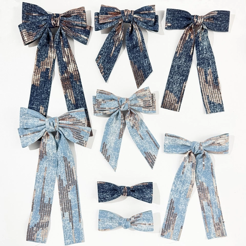 Fashion Denim Style Sequin Bow Hair Clip With Streamers Vintage Hair Accessories For Women Back Head Spring Clip