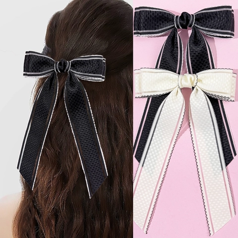 Elegante Pinza de Pelo de Lazo de Cincha Hecha a Mano con Cintas Largas Estilo Coreano Rayado Pinza de Pico de Pato