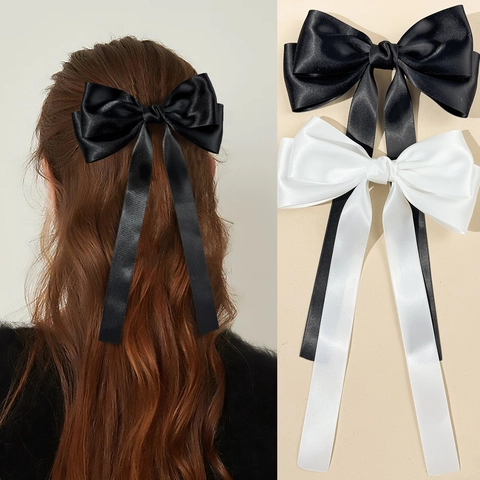 Korean Style Large Bow Streamer Hair Clip For Women Satin Ribbon Spring Clip Elegant Hair Accessories Solid Color Back Head Clip