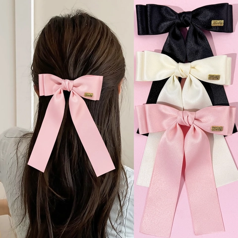 Pinza de Pelo con Lazo de Cinta Estilo Coreano Con Etiqueta de Metal Lucky Cinta Larga Accesorio de Pelo Satén para Mujer