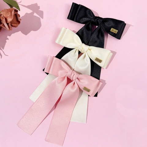 Pinza de Pelo con Lazo de Cinta Estilo Coreano Con Etiqueta de Metal Lucky Cinta Larga Accesorio de Pelo Satén para Mujer