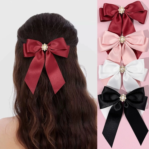 Elegant Satin Bow Hair Clip For Women Handmade Alligator Clip With Artificial Pearl Rhinestone Daily Hair Accessory