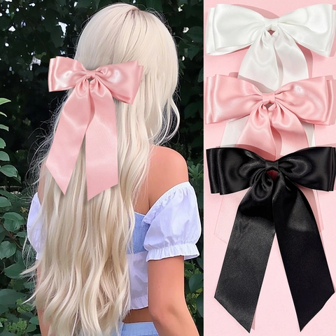 Pinza para el Cabello con Lazo de Cinta de Satén Grande con Cinta Larga Dulce Elegante Pinza de Resorte para Mujer Accesorios para el Cabello de Moda