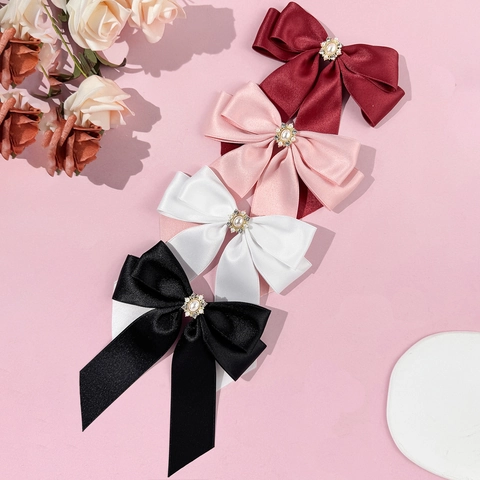 Elegant Satin Bow Hair Clip For Women Handmade Alligator Clip With Artificial Pearl Rhinestone Daily Hair Accessory