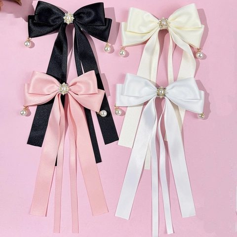 Elegante Satinschleife Haarspange Mit Langen Bändern Künstliche Perle Strass Verziert Süße Mode Haar Accessoires Für Damen