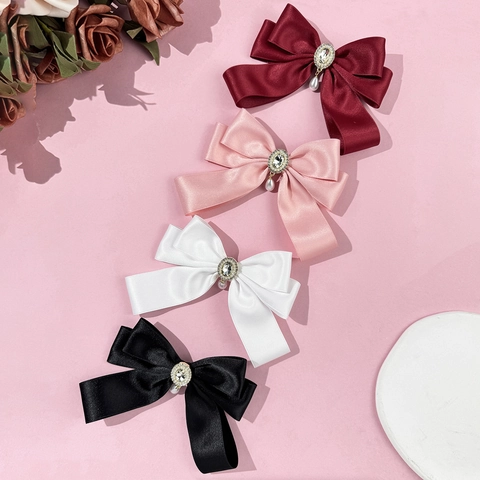 Molletta per Capelli a Fiocco in Nastro di Raso Vintage Francese Con Strass E Perla Artificiale Clip Elegante Donna
