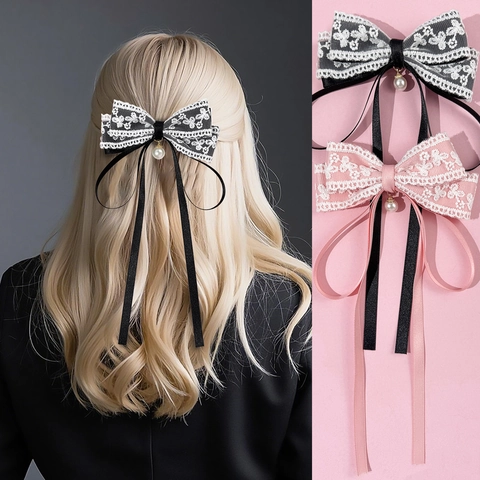 Fermaglio per Capelli con Fiocco in Pizzo Vintage con Nastro Lungo e Pendente in Perla Artificiale Clip a Becco d'Anatra in Nastro per Donna