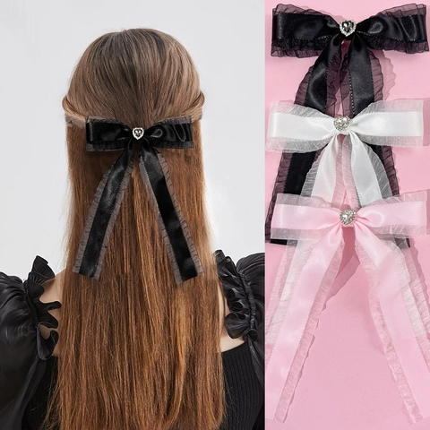 Süß Herz Strass Lange Schleife Haarklammer Satin Organza Rüschen Haarnadel Handgefertigte Haarschmuck Für Damen