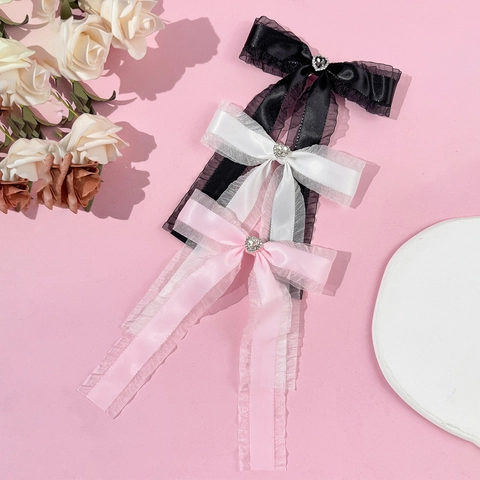 Süß Herz Strass Lange Schleife Haarklammer Satin Organza Rüschen Haarnadel Handgefertigte Haarschmuck Für Damen